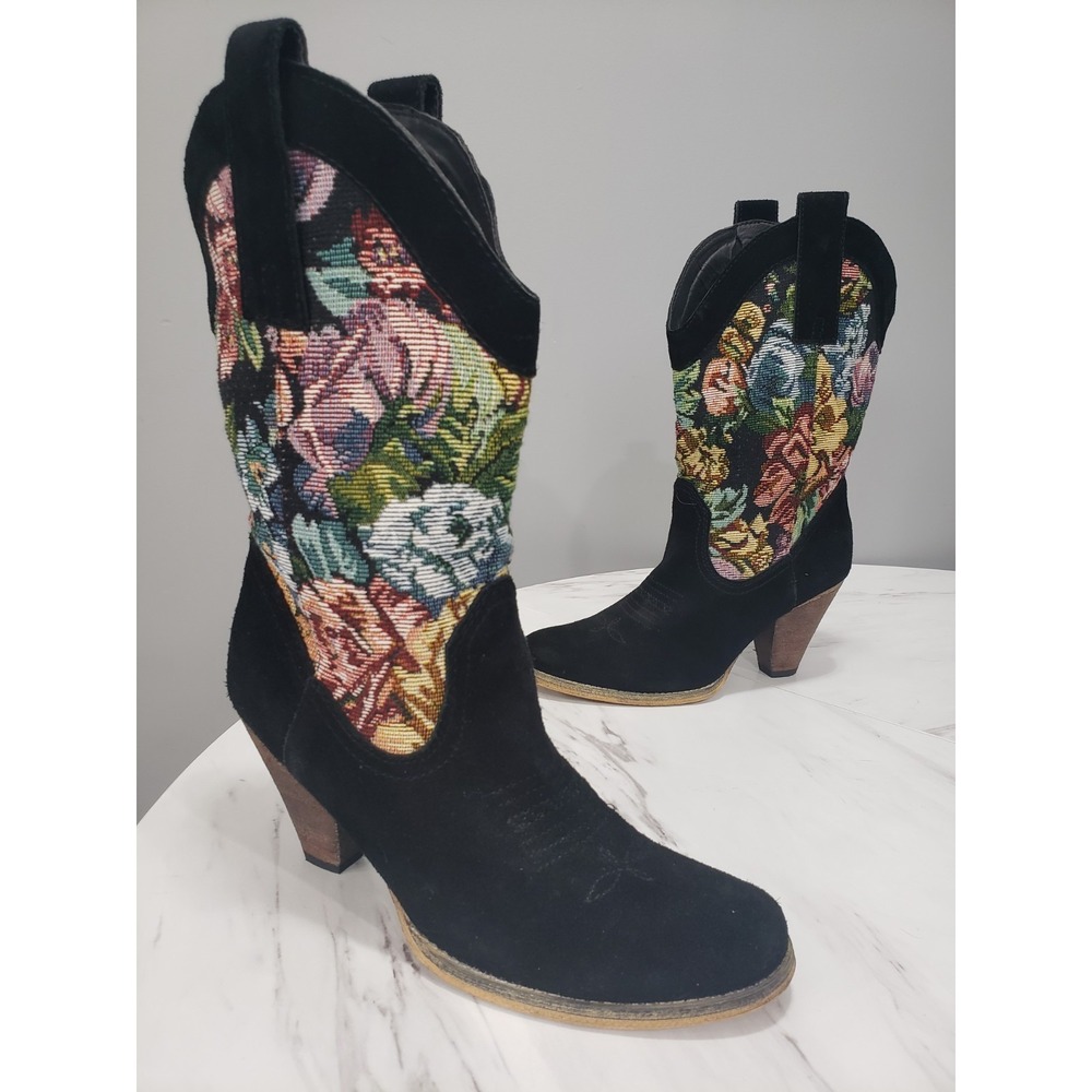 Vintage 90s grunge whimsigoth Floral‎ Tapestry Cowgirl Boots cowboy witchy y2k